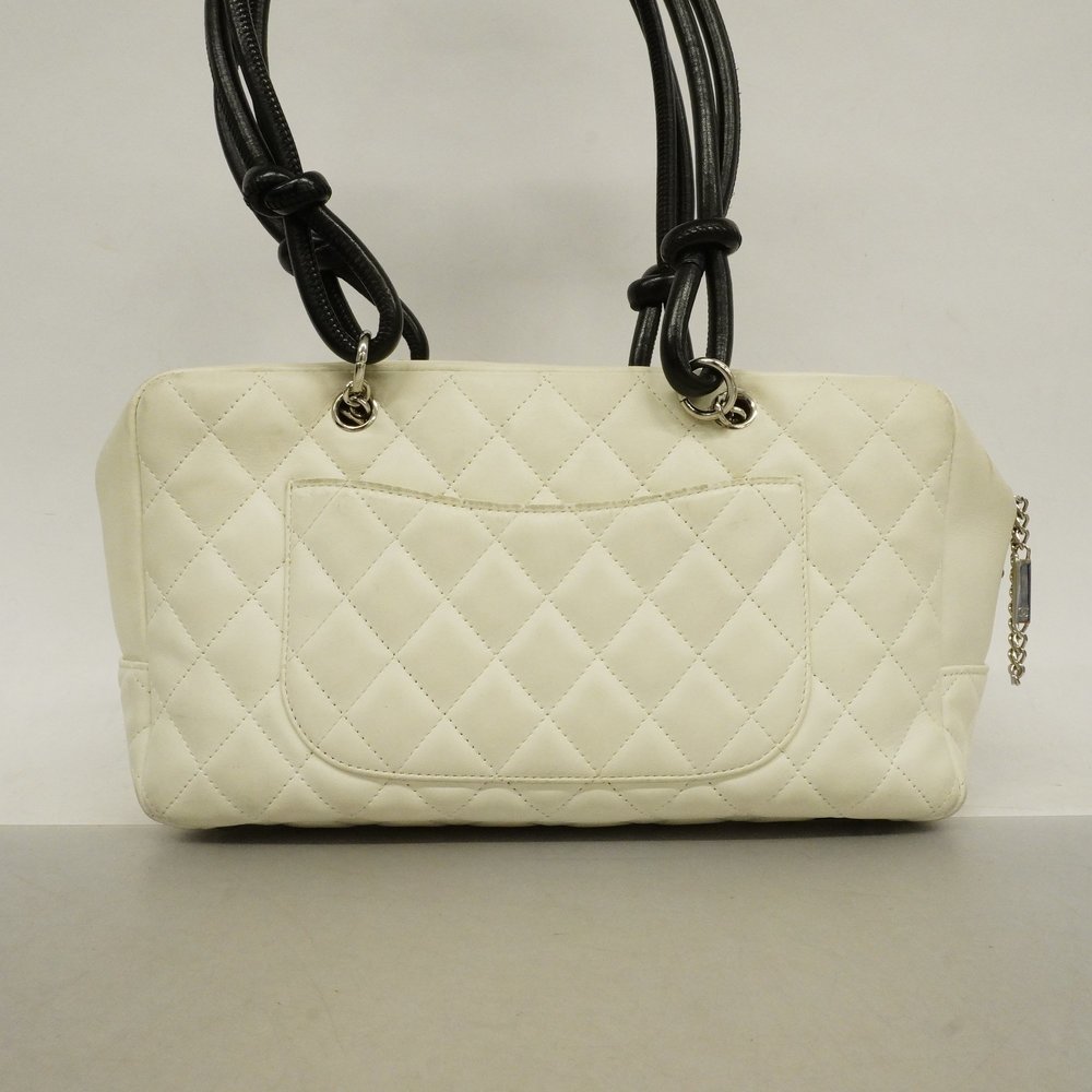 Auth Chanel Shoulder Bag Cambon Line Bowling Bag Lambskin White/Black Silver ... - Picture 10 of 10